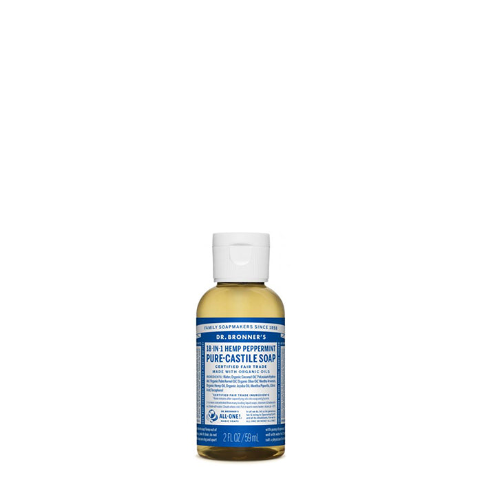 Dr Bronner's most popular scent, with a peppermint burst so pure it tingles. Organic peppermint oil cools the skin, clears sinuses and sharpens the mind!  Dr Bronner's Pure-Castile Peppermint Liquid Soap is concentrated, biodegradable, versatile and very effective. Made with organic and certified fair trade ingredients that have no synthetic preservatives, detergents or foaming agents. 59ml a perfect size for travel.