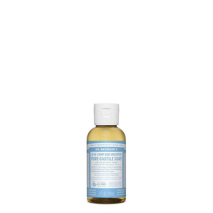 Dr Bronner's Unscented Pure Castile Liquid Soap has no added fragrance and double the olive oil. Good for sensitive skin & babies too, though not tear free, this soap is concentrated, biodegradable, versatile and very effective. Made with organic and certified fair trade ingredients with no synthetic preservatives, detergents or foaming agents it has 18 in 1 uses. 59ml a great travel size.