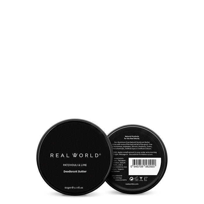 Real World's Aluminium Free Deodorant Butter will leave you feeling and smelling fresh, without the use of harsh chemicals. Organic coconut oil is used as a moisturising base snd sodium bicarbonate is used to kill odour causing bacteria. Patchouli and Lime essential oils add the soothing aroma. 60g