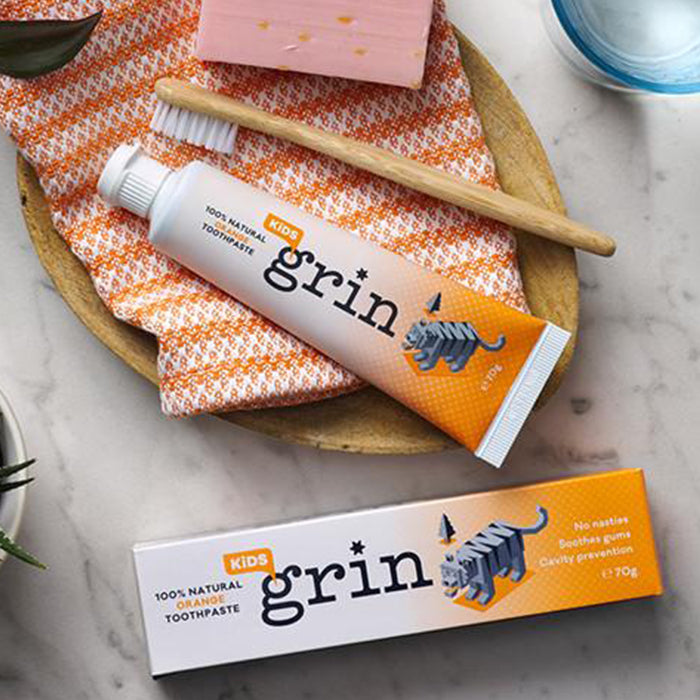 Grin 100% Natural Kids toothpaste is a gentle and effective gel specifically formulated to give the kindest treatment to your little one’s baby teeth. This toothpaste will clean baby teeth and naturally soothe with 100% natural ingredients. Orange flavour, cruelty free, no palm oil or sugar. 70g.