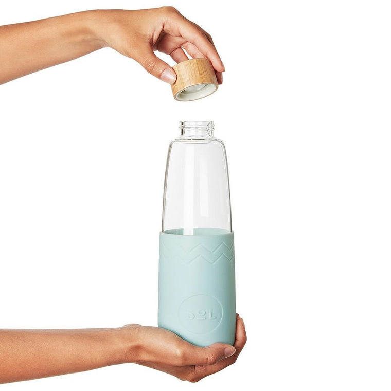 SoL Water Bottles - hand-blown glass & silicone durable drinking bottle