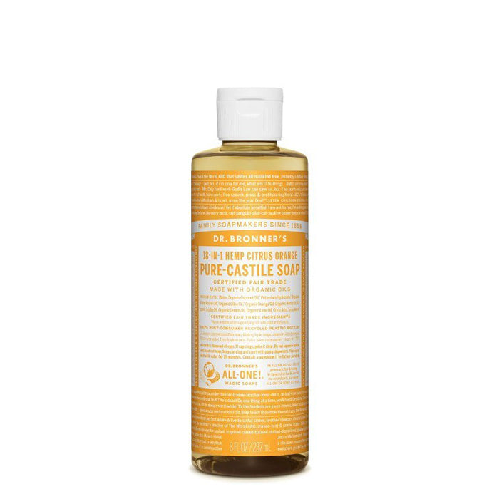 Fresh and bright with an invigorating blend of organic orange, lemon and lime oils! Dr Bronner's Citrus Pure-Castile Liquid Soap is concentrated, biodegradable, versatile and effective. Made with organic and certified fair trade ingredients with no synthetic preservatives, detergents or foaming agents. 237ml.