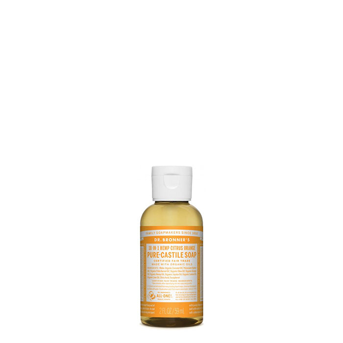 Fresh and bright with an invigorating blend of organic orange, lemon and lime oils! Dr Bronner's Citrus Pure-Castile Liquid Soap is concentrated, biodegradable, versatile and effective. Made with organic and certified fair trade ingredients with no synthetic preservatives, detergents or foaming agents. 59ml a perfect travel size.
