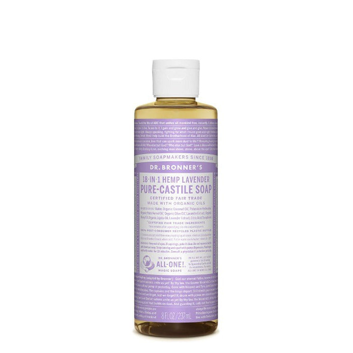 Scented with pure lavender and lavandin oils to calm the mind and soothe the body - perfect for kids and adults alike!  Dr Bronner's Pure-Castile Lavender Liquid Soap is concentrated, biodegradable, versatile and very effective. Made with organic and certified fair trade ingredients that have no synthetic preservatives, detergents or foaming agents. 237ml.