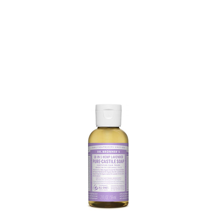 Scented with pure lavender and lavandin oils to calm the mind and soothe the body - perfect for kids and adults alike!  Dr Bronner's Pure-Castile Lavender Liquid Soap is concentrated, biodegradable, versatile and very effective. Made with organic and certified fair trade ingredients that have no synthetic preservatives, detergents or foaming agents. 59ml a perfect travel size.