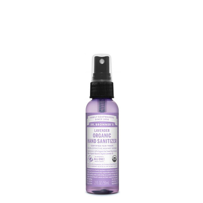 Dr Bronner's Organic Hand Sanitiser kills germs with a simple formula: organic ethyl alcohol, water, organic lavender oil, and organic glycerine - no nasties. 59ml. Certified Fair Trade Organic Ingredients.