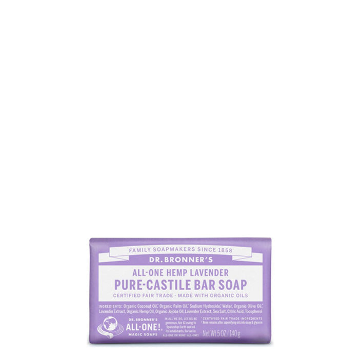 Scented with pure lavender and lavandin oils to calm the mind and soothe the body. Dr. Bronner's Lavender Bar Soap is made with certified fair trade ingredients and organic hemp oil for a soft, smooth lather that won't dry your skin. Biodegradable in a 100% post-consumer recycled wrapper,