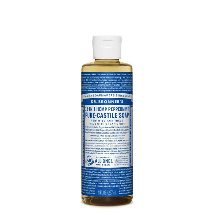Dr Bronner's most popular scent, with a peppermint burst so pure it tingles. Organic peppermint oil cools the skin, clears sinuses and sharpens the mind!  Dr Bronner's Pure-Castile Peppermint Liquid Soap is concentrated, biodegradable, versatile and very effective. Made with organic and certified fair trade ingredients that have no synthetic preservatives, detergents or foaming agents. 237ml.