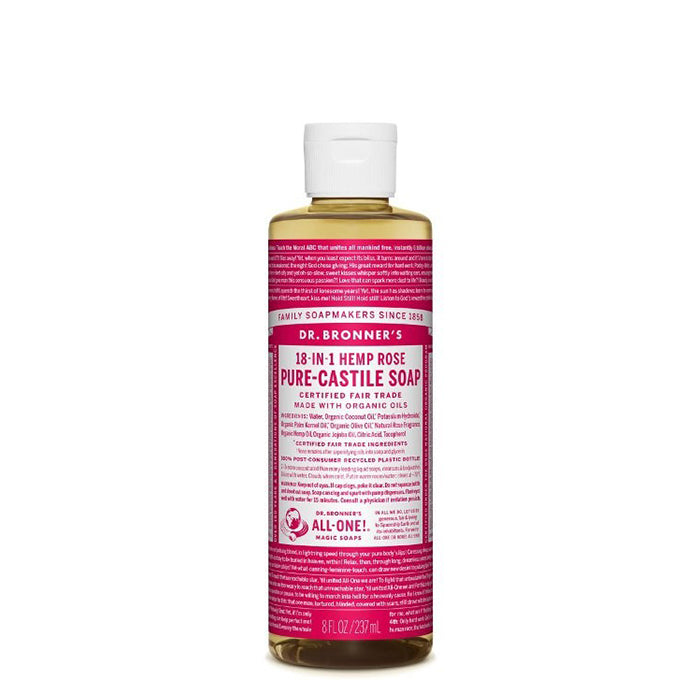 Floral and fresh, with a hint of sweetness, Dr Bronner's Rose Pure-Castile Liquid Soap is beautiful. This soap is concentrated, biodegradable, versatile and very effective. Made with organic and certified fair trade ingredients that have no synthetic preservatives, detergents or foaming agents. 237ml.