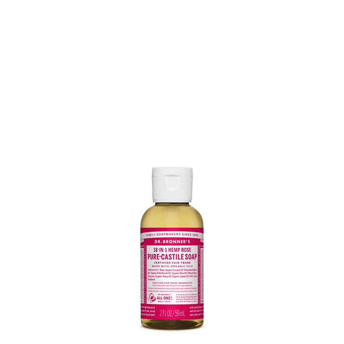 Floral and fresh, with a hint of sweetness, this Rose Pure-Castile Liquid Soap is beautiful. Dr Bronner's Pure-Castile Rose Liquid Soap is concentrated, biodegradable, versatile and very effective. Made with organic and certified fair trade ingredients that have no synthetic preservatives, detergents or foaming agents and 18 in 1 uses. 59ml a perfect travel size.