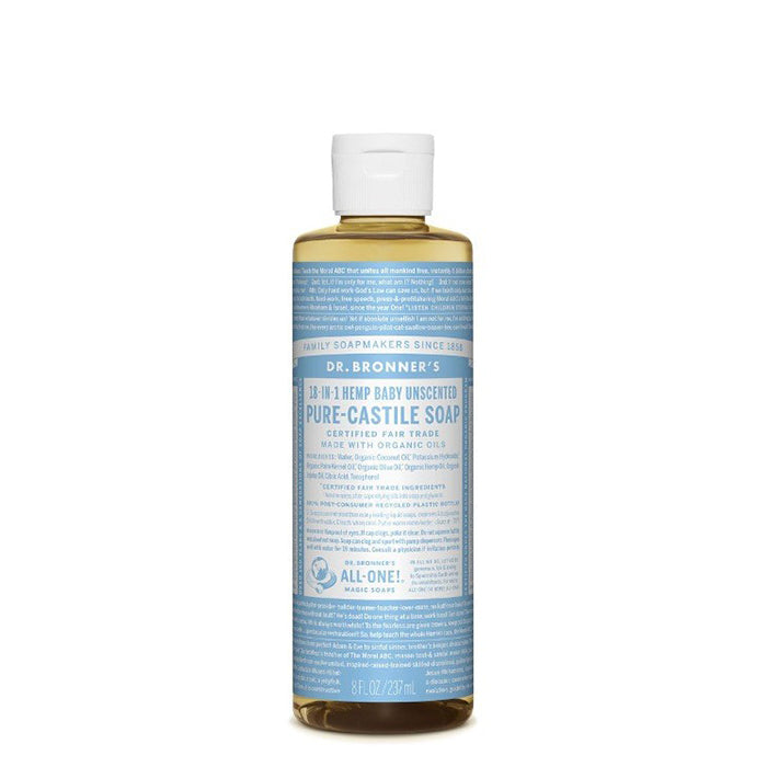 Dr Bronner's Unscented Pure Castile Liquid Soap has no added fragrance and double the olive oil. Good for sensitive skin & babies too, though not tear free, this soap is concentrated, biodegradable, versatile and very effective. Made with organic and certified fair trade ingredients with no synthetic preservatives, detergents or foaming agents it has 18 in 1 uses. 237ml.