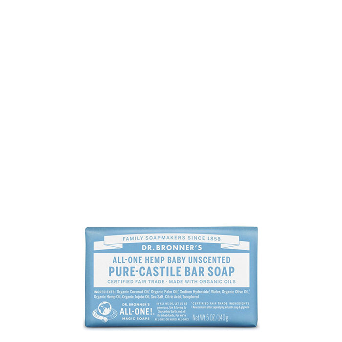 With no added fragrance and double the olive oil, Dr Bronner's Baby Unscented Pure-Castile Soap Bar is great for sensitive skin & babies too, though not tear free.. This Bar Soap is made with certified fair trade ingredients and organic hemp oil for a soft, smooth lather that won't dry your skin. Biodegradable in a 100% post-consumer recycled wrapper.