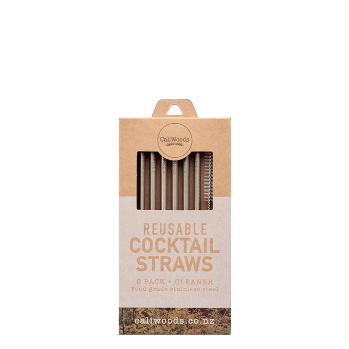 CaliWoods Stainless Steel Cocktail Straws. Made from food grade stainless steel, 0.5mm thick and 18cm long. Pack of 6 and 1 cleaning brush. Perfect for children.