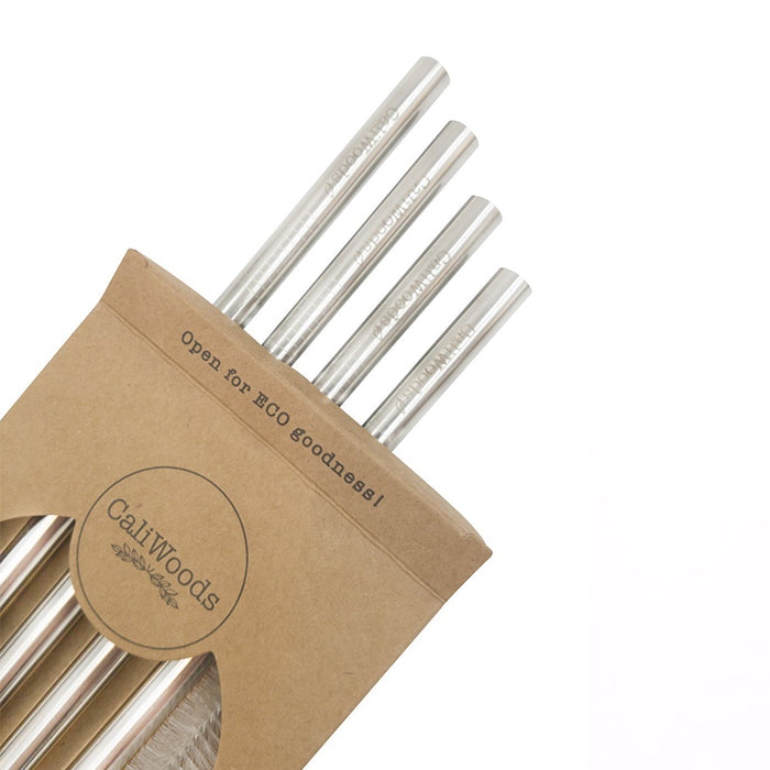 CaliWoods Stainless Steel Cocktail Straws. Made from food grade stainless steel, 0.5mm thick and 18cm long. Pack of 6 and 1 cleaning brush. Perfect for children.