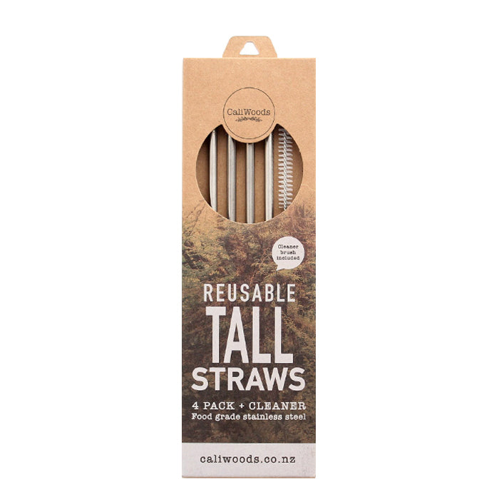 CaliWoods Stainless Steel Smoothie Straws. Made from food grade stainless steel, 0.5mm thick and 24cm long. Pack of 4 and 1 cleaning brush. Perfect for using with bottles and tall glasses.