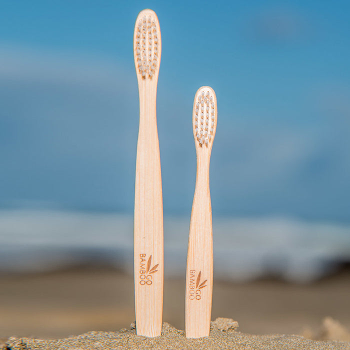 Go Bamboo Adult Toothbrush. The handle made from natural and sustainable MOSO bamboo, and is sealed with an edible wax. The bristles are BPA free and the entire toothbrush is biodegradable and recyclable.