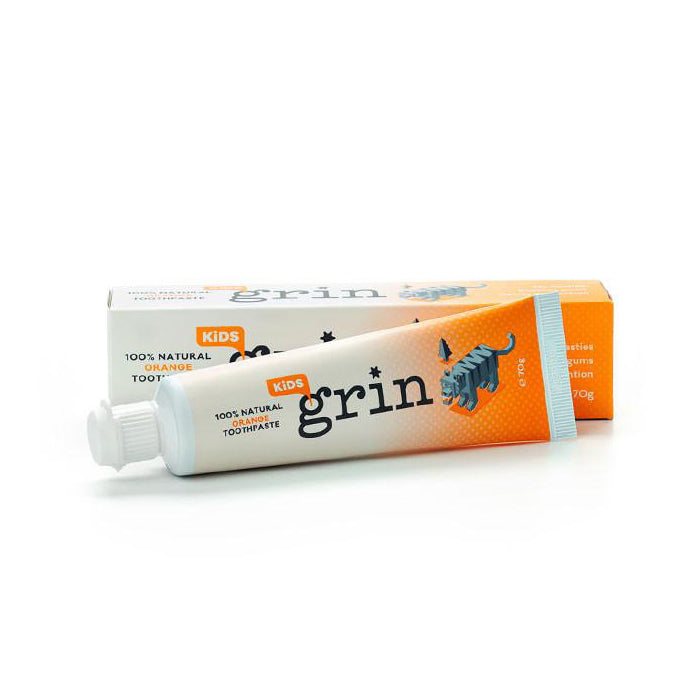 Grin 100% Natural Kids toothpaste is a gentle and effective gel specifically formulated to give the kindest treatment to your little one’s baby teeth. This toothpaste will clean baby teeth and naturally soothe with 100% natural ingredients. Orange flavour, cruelty free, no palm oil or sugar. 70g.