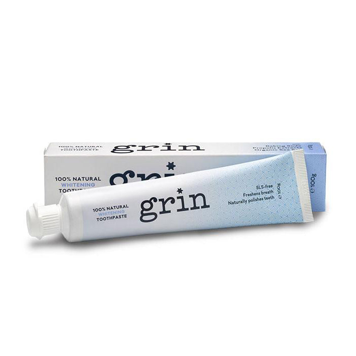 Grin's 100% Natural Whitening Toothpaste has three active ingredients, Baking Soda, Propolis and Organic Sea Salt that work together to restore the natural whiteness of teeth by gently removing stains whilst keeping bacteria in check. 100% natural ingredients, cruelty free, no palm oil or sugar. 100g.